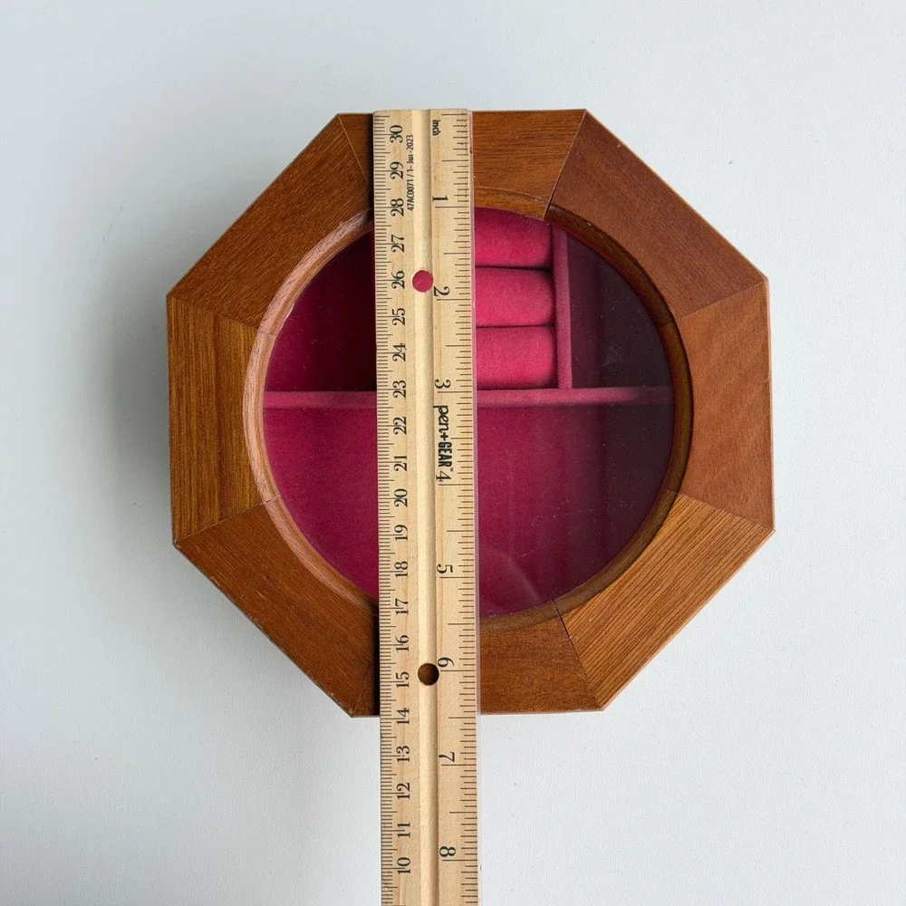 Vintage Octagon Wooden Jewelry Box Glass Top Pink Felt Lining Coquette Cottage